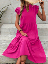 Load image into Gallery viewer, Loose V Neck Ruffle Sleeve Tiered Midi Dress
