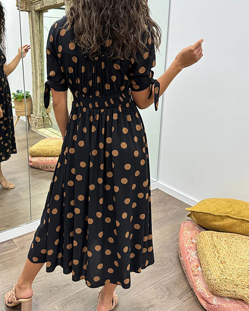 Black Dots Print Short Sleeve Midi Dress