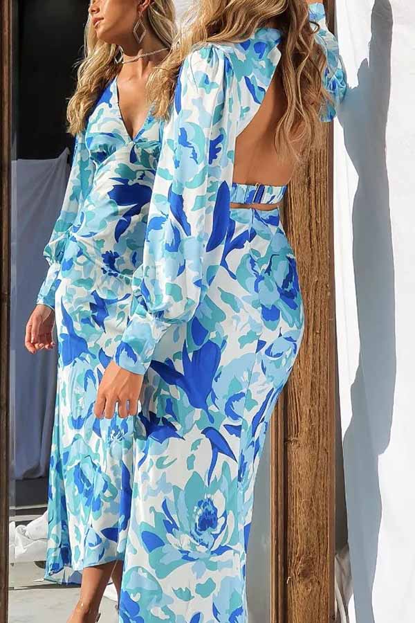 Chic Bouquet Floral Long Sleeves Hollow Out Midi Dress