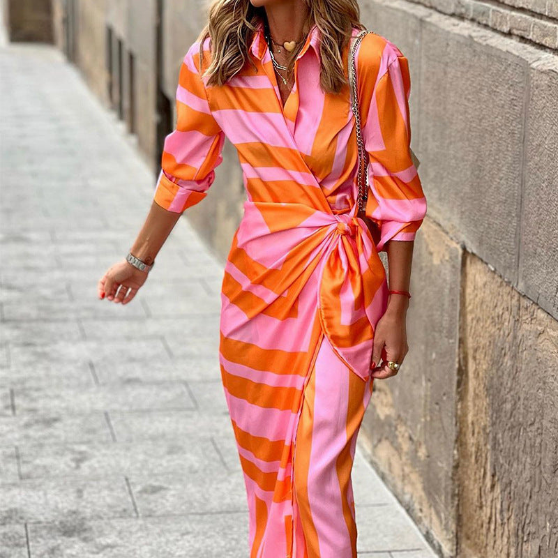 Elegant Printed Long Sleeves Ruched Midi Dress