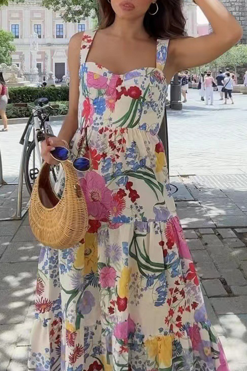 Casual Floral Print Straps Midi Dress