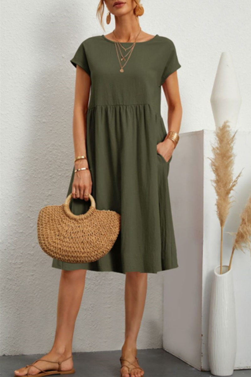 Casual Round Neck Short Sleeve A Line Pockets Midi Dress