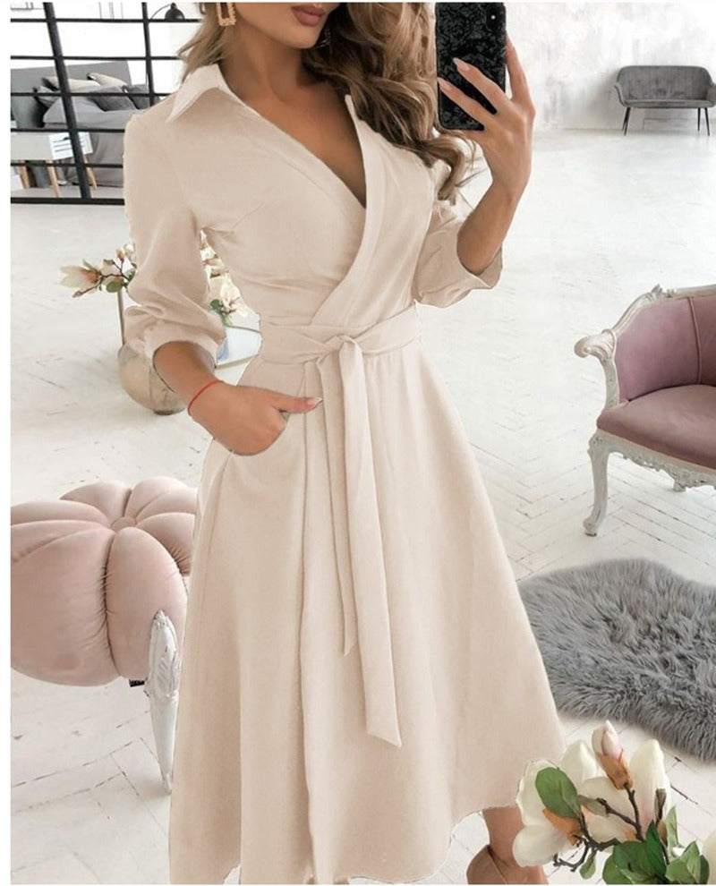 Collar Long Sleeves Wrap Midi Dress