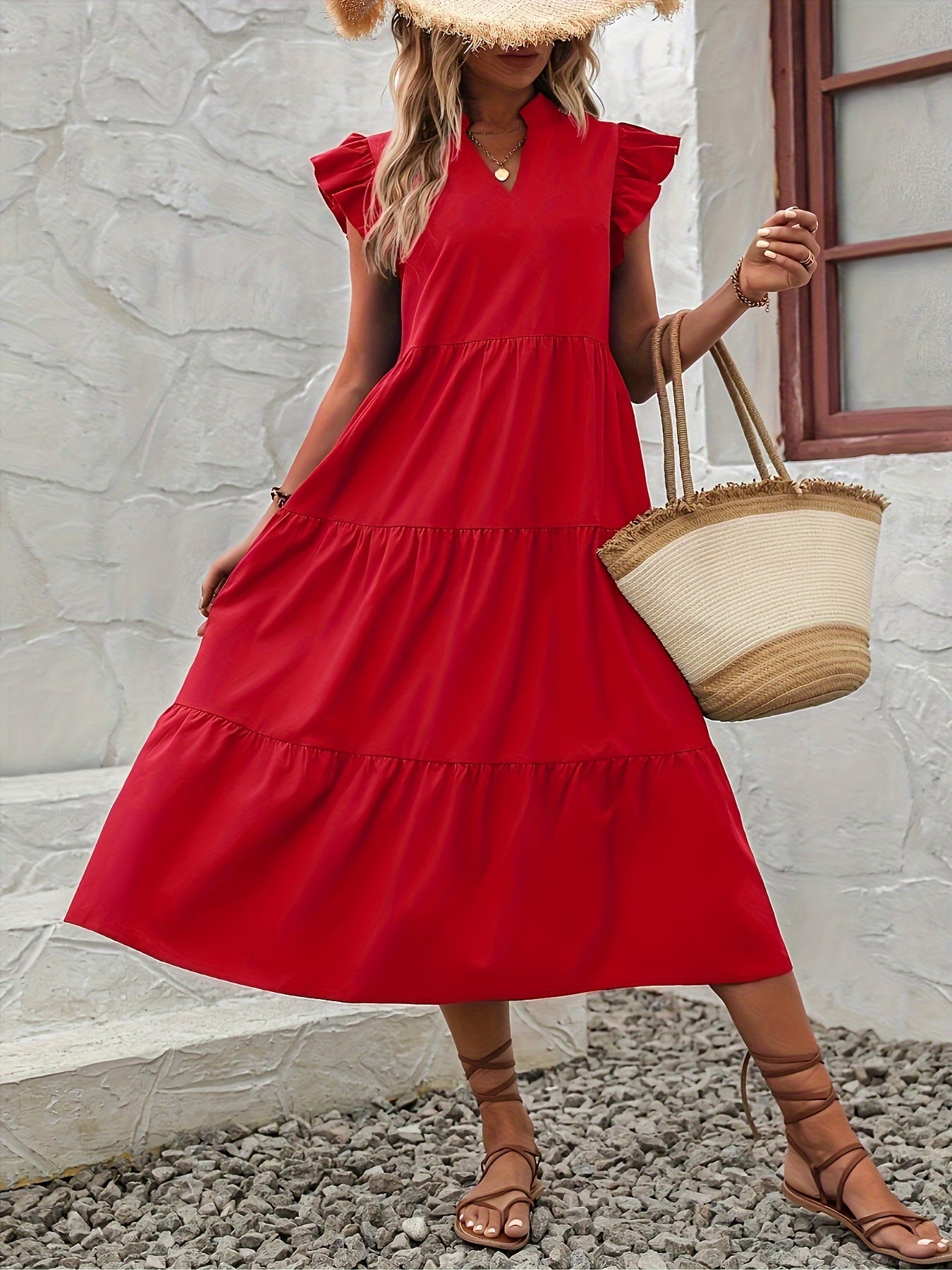 Elegant V-Neck Flutter Sleeves Tiered Swing Midi Dress