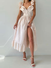 Load image into Gallery viewer, Striped Flutter Sleeves Single Buttons Down Breasted Midi Dress
