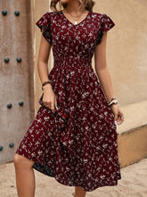 Load image into Gallery viewer, Floral V-Neck Ruffled Sleeves Midi Dress
