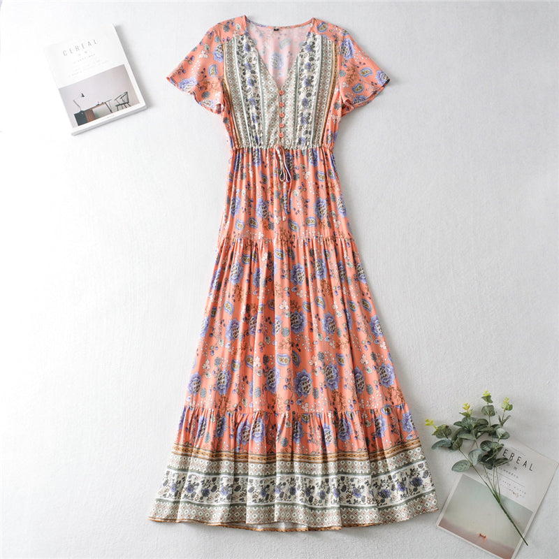 Pink Print Tiered Maxi Dress