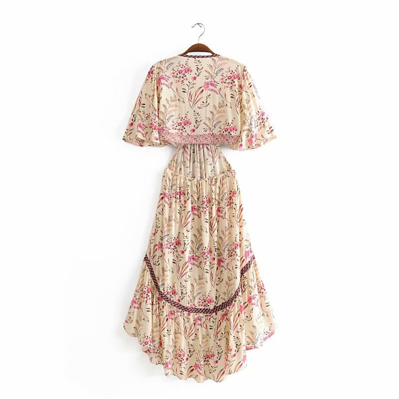 Boho Beige Floral Print High Low Dress