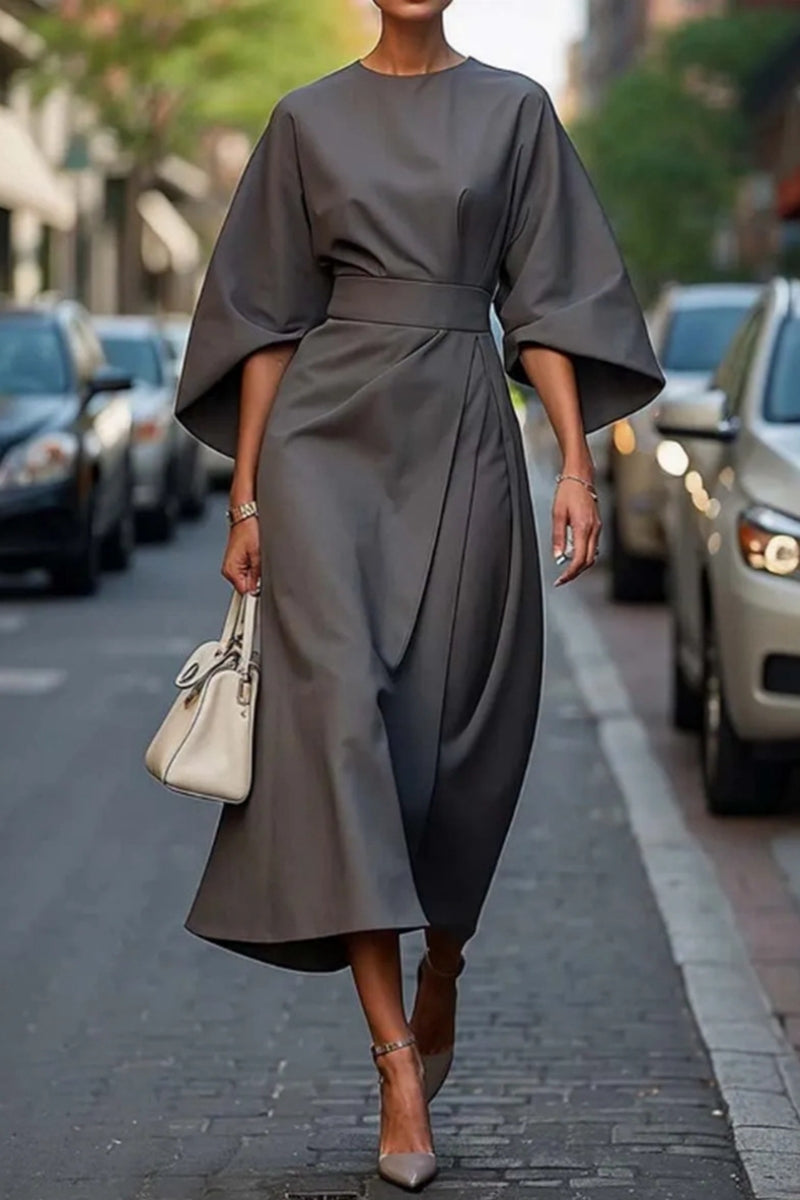 Elegant O Neck Long Sleeves Ruched Midi Dress