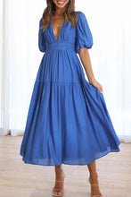 Load image into Gallery viewer, Sweet Elegant V Neck Puff Short Sleeves Tiered Midi Dress
