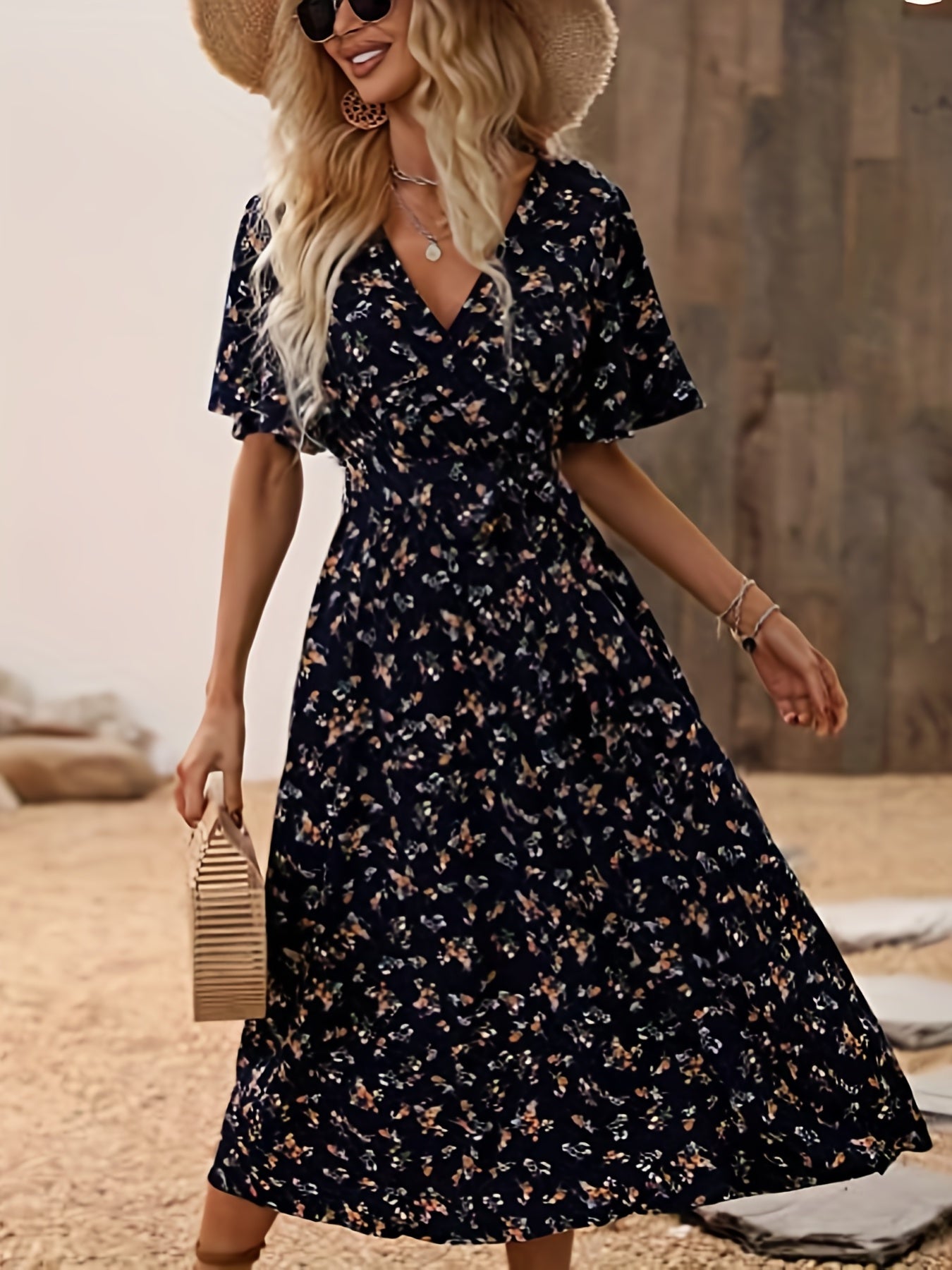 Boho V-neck Floral Print Flutter Short Sleeve Midi Dress