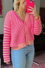 Load image into Gallery viewer, Pink Striped Buttoned V Neck Drop Shoulder Cardigan
