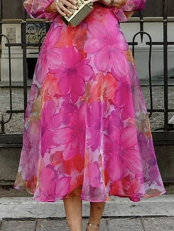 Elegant Floral Long Sleeves Gauze Midi Dress