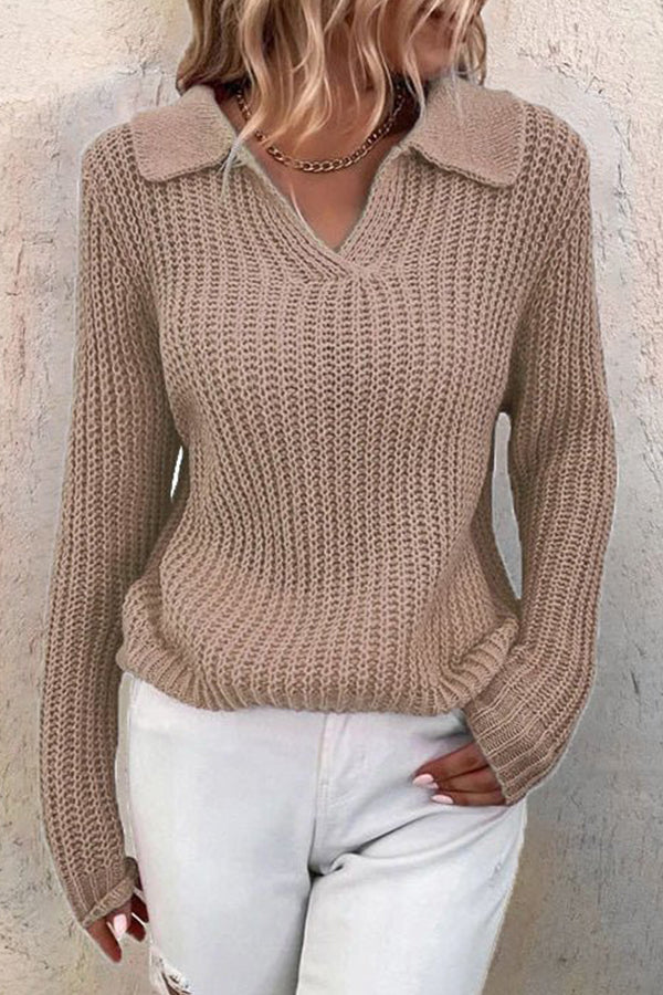 V-neck Lapel Solid Slim Fit Knit Sweater