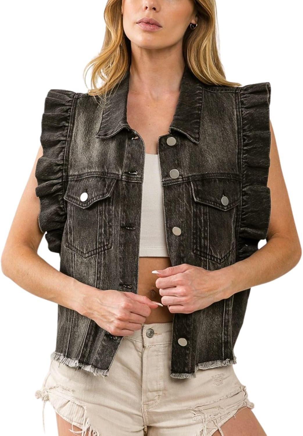 Distressed Ruffled Sleeves Denim Vest Button Down Frayed Hem Jean Jacket