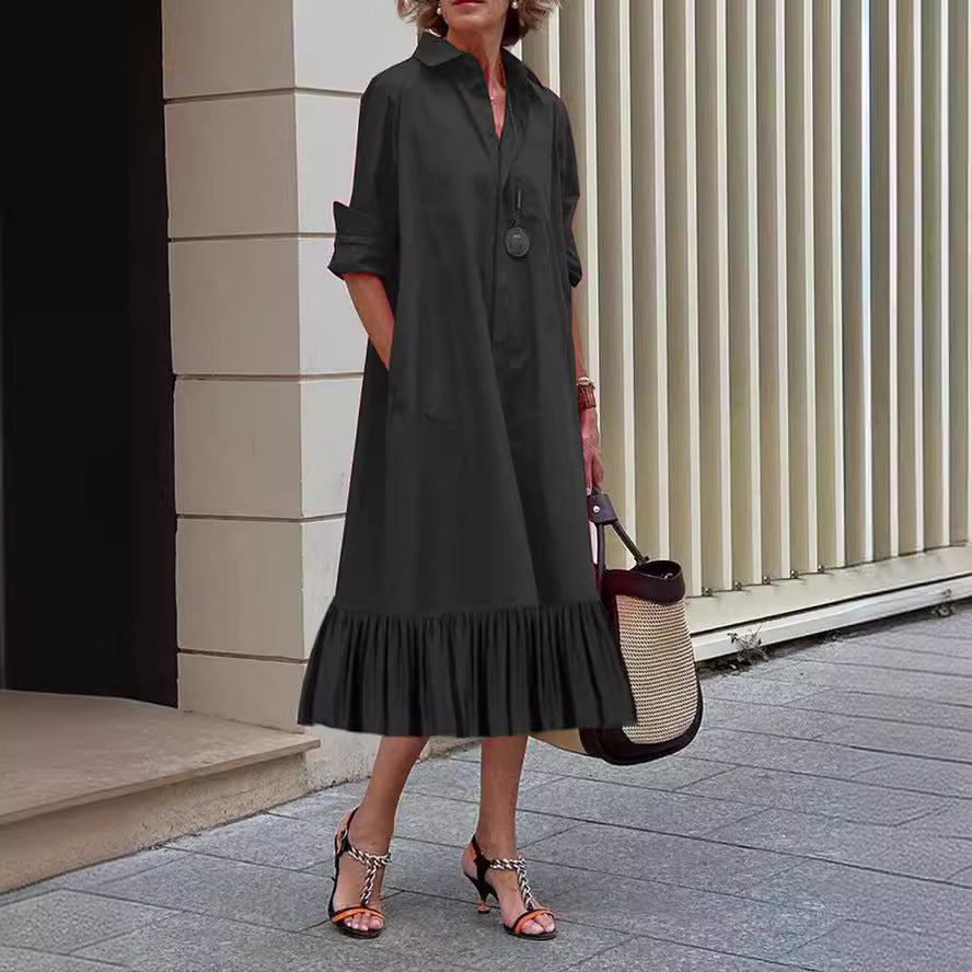 Black Long Sleeves Buttons Down Ruffled Midi Shirt Dress