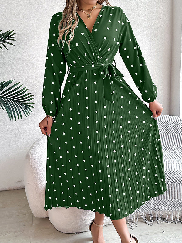 Classic V-neck Long Sleeves Polka Dots Print Midi Dress