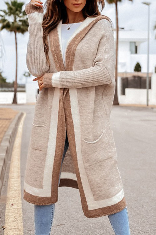 Casual Color Block Hooded Long Cardigan Sweater