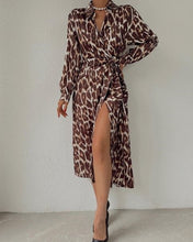 Load image into Gallery viewer, Leopard Print Long Sleeves Ruched Wrap Split Front Midi Dress
