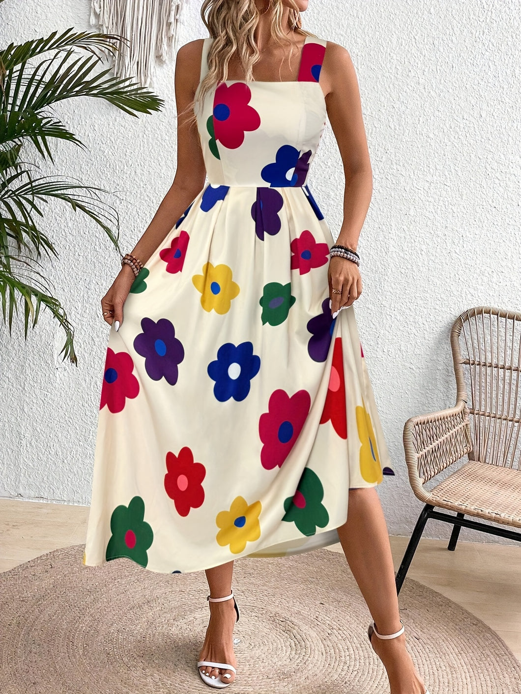 Straps Floral Print Midi Dress