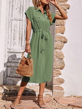 Load image into Gallery viewer, Simple Short Sleeves Collar Drawstring Waist Shirt Midi Dress
