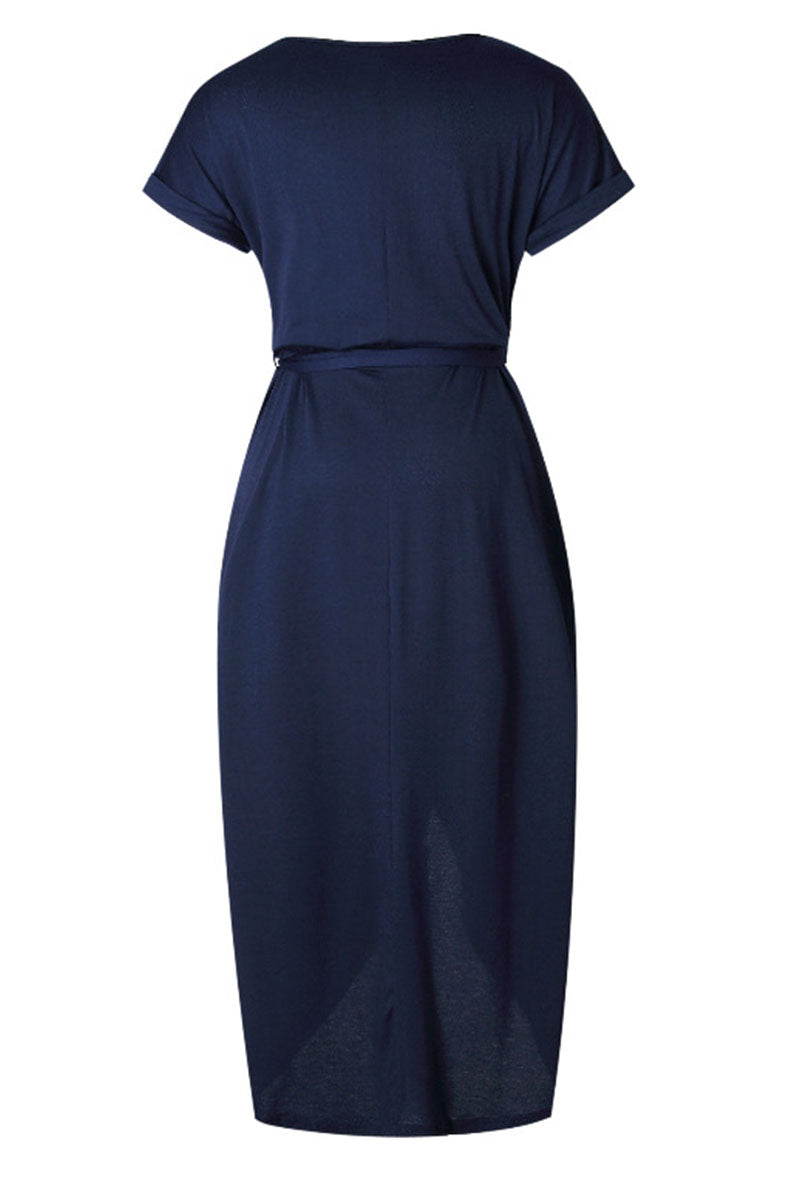 Casual Round Neck Irregular Ruched Slit Front Midi Dress