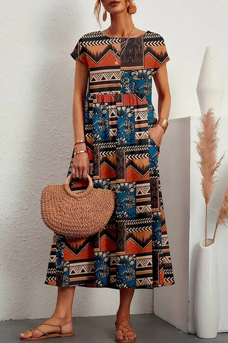 Casual Floral Pocket Round Neck Midi Dress