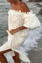 Load image into Gallery viewer, White Off Shoulder Ruffle Short Sleeve Slit Front Midi Dress
