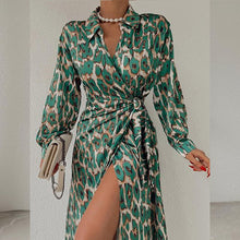 Load image into Gallery viewer, Leopard Print Long Sleeves Ruched Wrap Split Front Midi Dress

