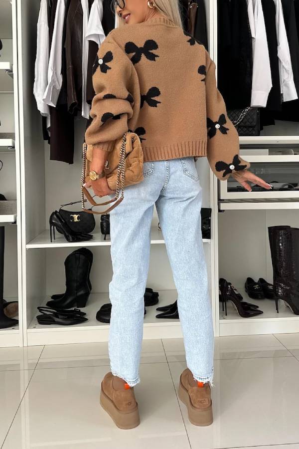 Bow Pattern Front Tie-up Long Sleeve Loose Cardigan