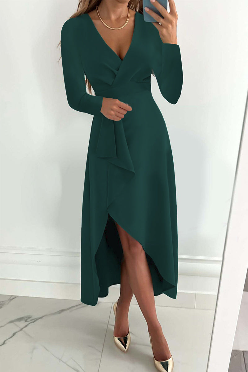 Fashion V Neck Long Sleeves Asymmetrical Midi Dress