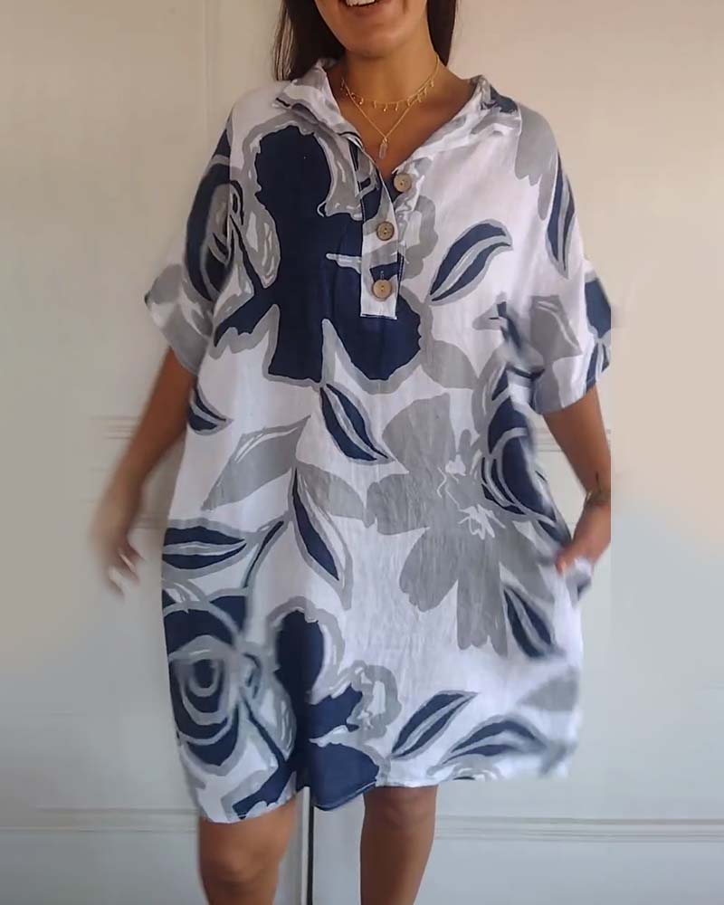 Floral Print Short Sleeves Pocket Mini Dress