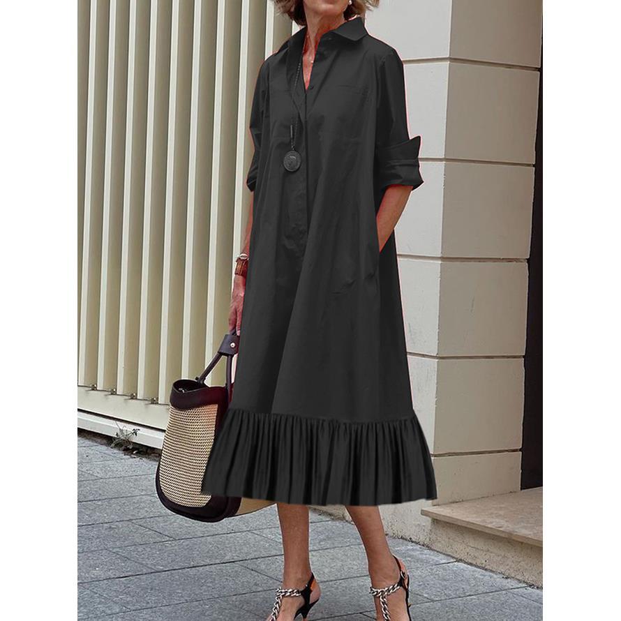 Black Long Sleeves Buttons Down Ruffled Midi Shirt Dress