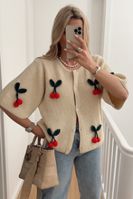 Load image into Gallery viewer, V-neck Cherry Embellished Cardigan Cropped Knitted Sweater
