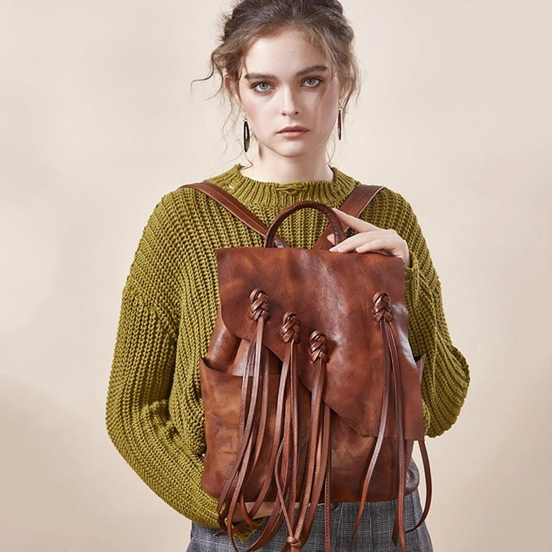 13" Medium Ladies Brown Leather Fringe Backpack Purse Cool Book Bags for Women