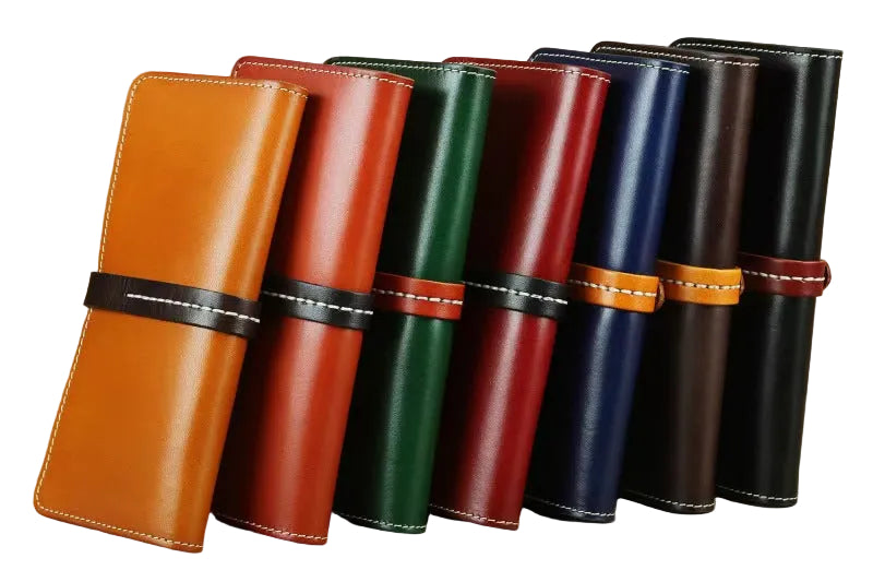 Standing arrangement of multi-color handmade leather long wallets, full grain leather clutch wallet with leather strap buckle