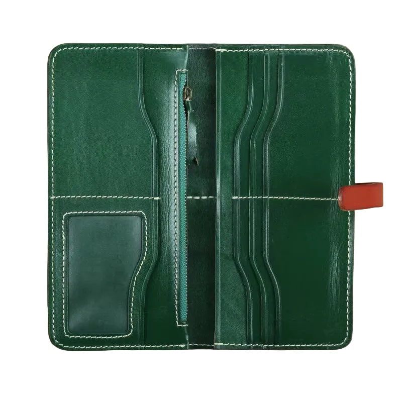 Open green genuine leather long wallet, showing multiple card slots, ID window and zipper coin pocket, hand stitched details