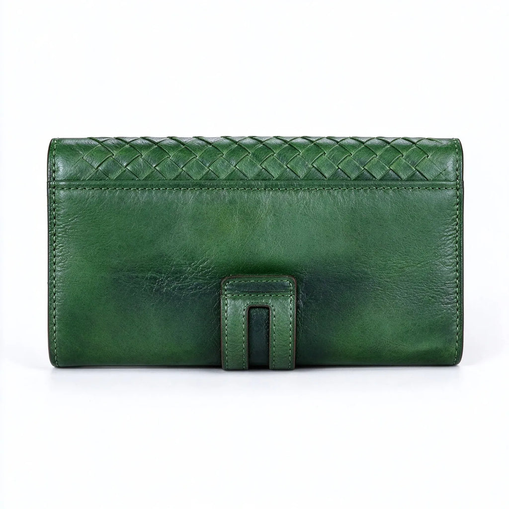 Back side view of green woven full grain leather wallet, leather tab detail, handmade vintage leather purse, white background