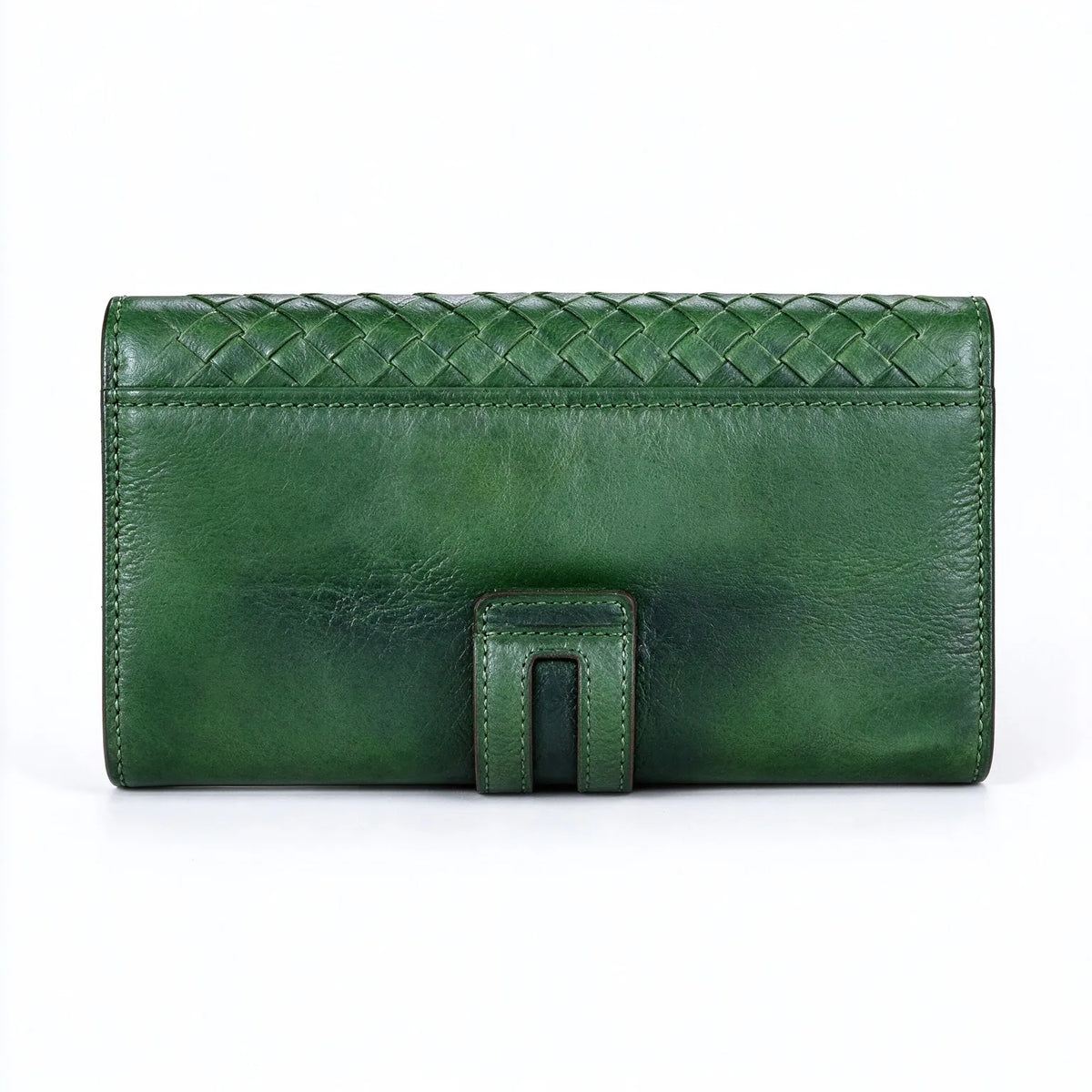 Back side view of green woven full grain leather wallet, leather tab detail, handmade vintage leather purse, white background