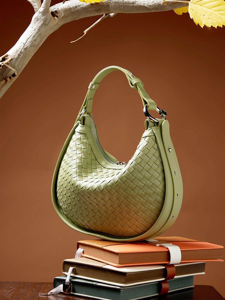 Classic Genuine Leather Bag Woven Crescent Handbag