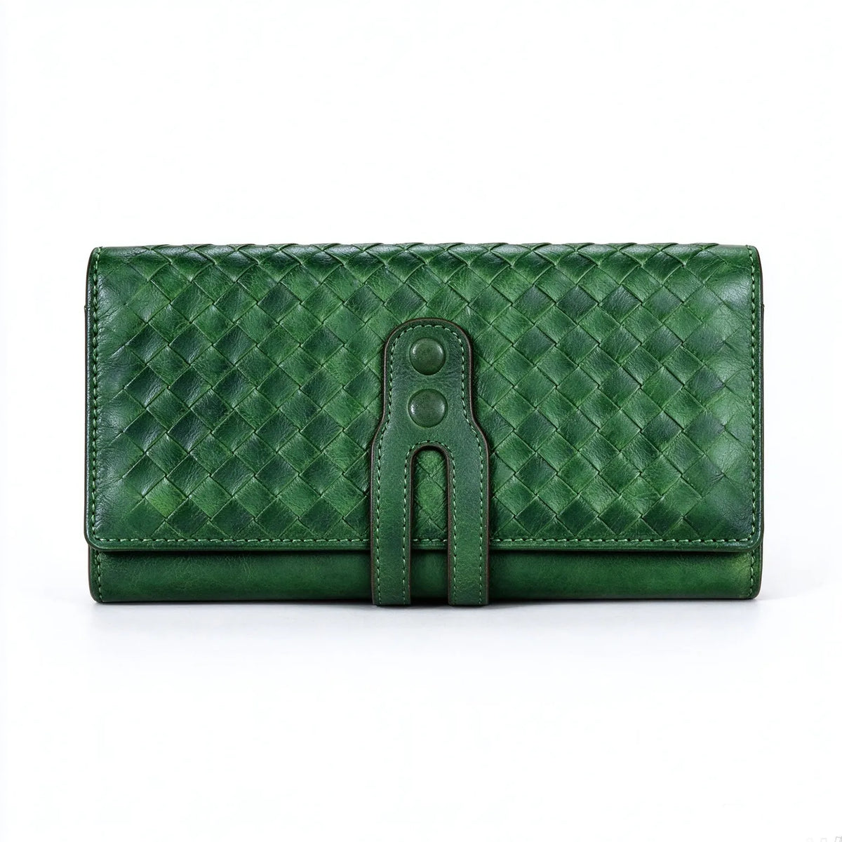 Straight front view of green hand woven genuine leather long wallet, double snap strap detail, white product background