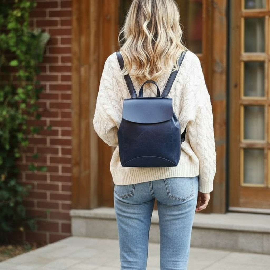 Blue Cute Leather College Backpack