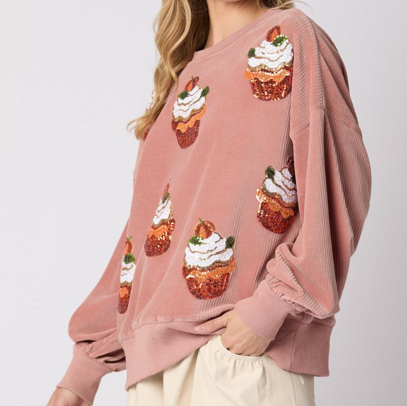 Christmas Pumpkin Cake Sequined Round Neck Loose Sweatshirt
