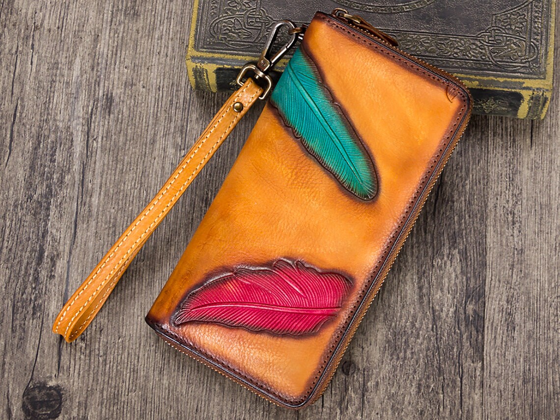 Women's Wallet Genuine Leather Zip Around Wristlet Long Purse Unique Embossed Handmade Clutch