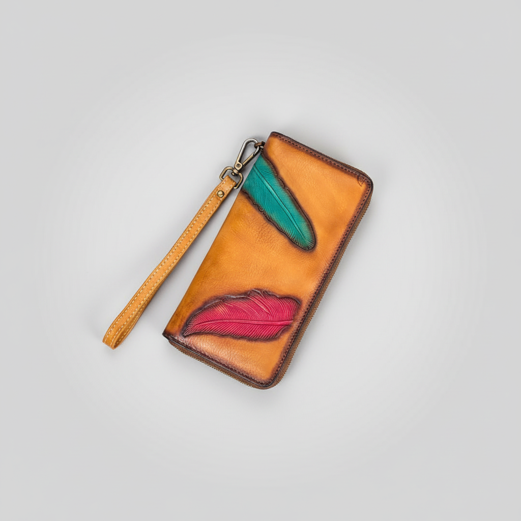 Women's Wallet Genuine Leather Zip Around Wristlet Long Purse Unique Embossed Handmade Clutch