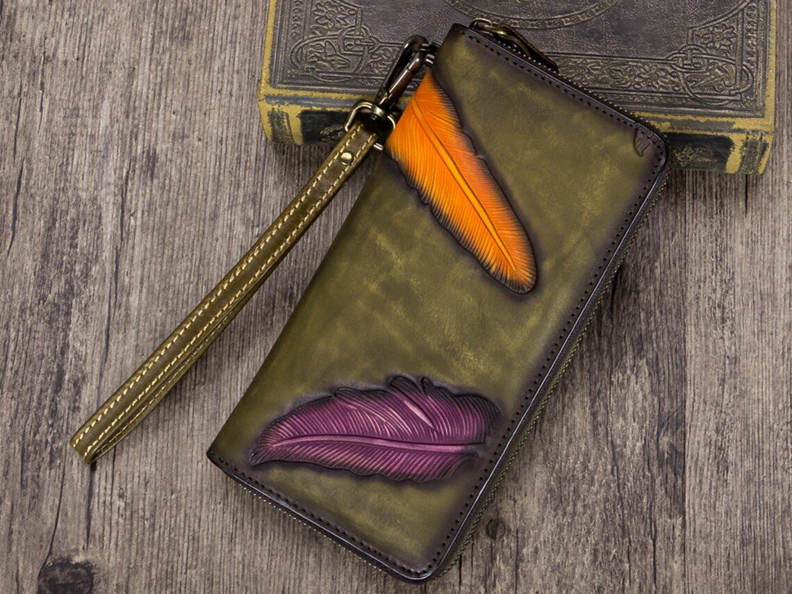Women's Wallet Genuine Leather Zip Around Wristlet Long Purse Unique Embossed Handmade Clutch