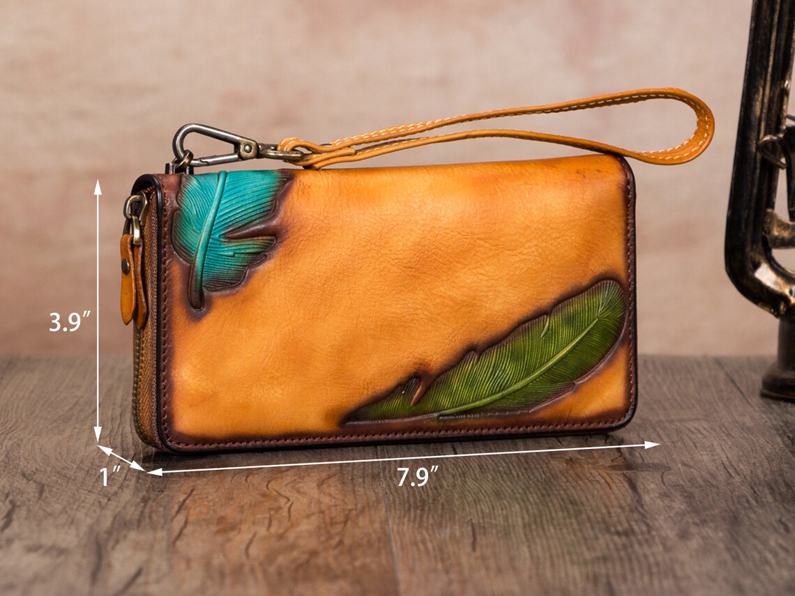 Women's Wallet Genuine Leather Zip Around Wristlet Long Purse Unique Embossed Handmade Clutch