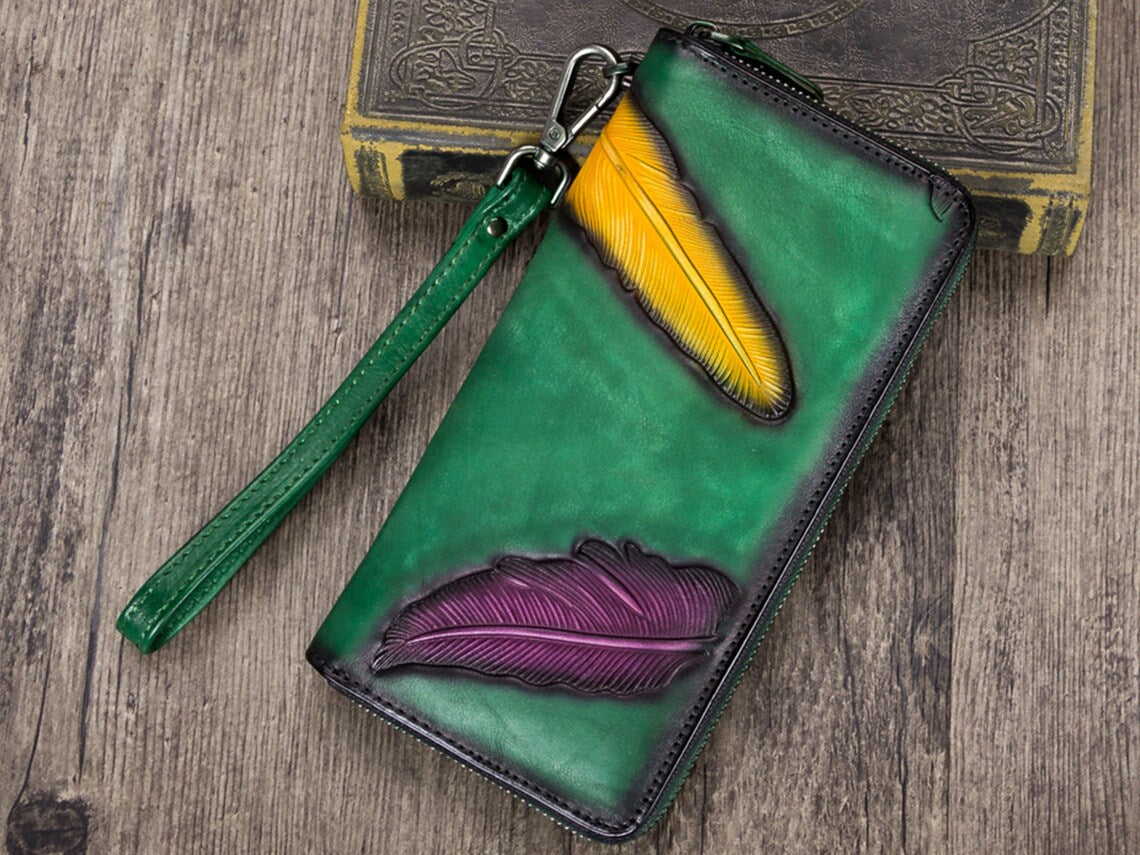 Women's Wallet Genuine Leather Zip Around Wristlet Long Purse Unique Embossed Handmade Clutch