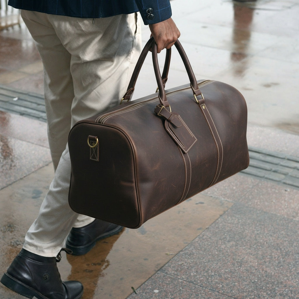 Classic Leather Duffel Bag with Shoes Compartment Travel Weekender Bag
