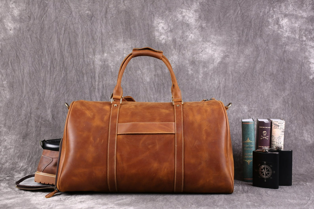 Full Grain Leather Duffle Bag With Shoe Compartment Mens Travel Bag